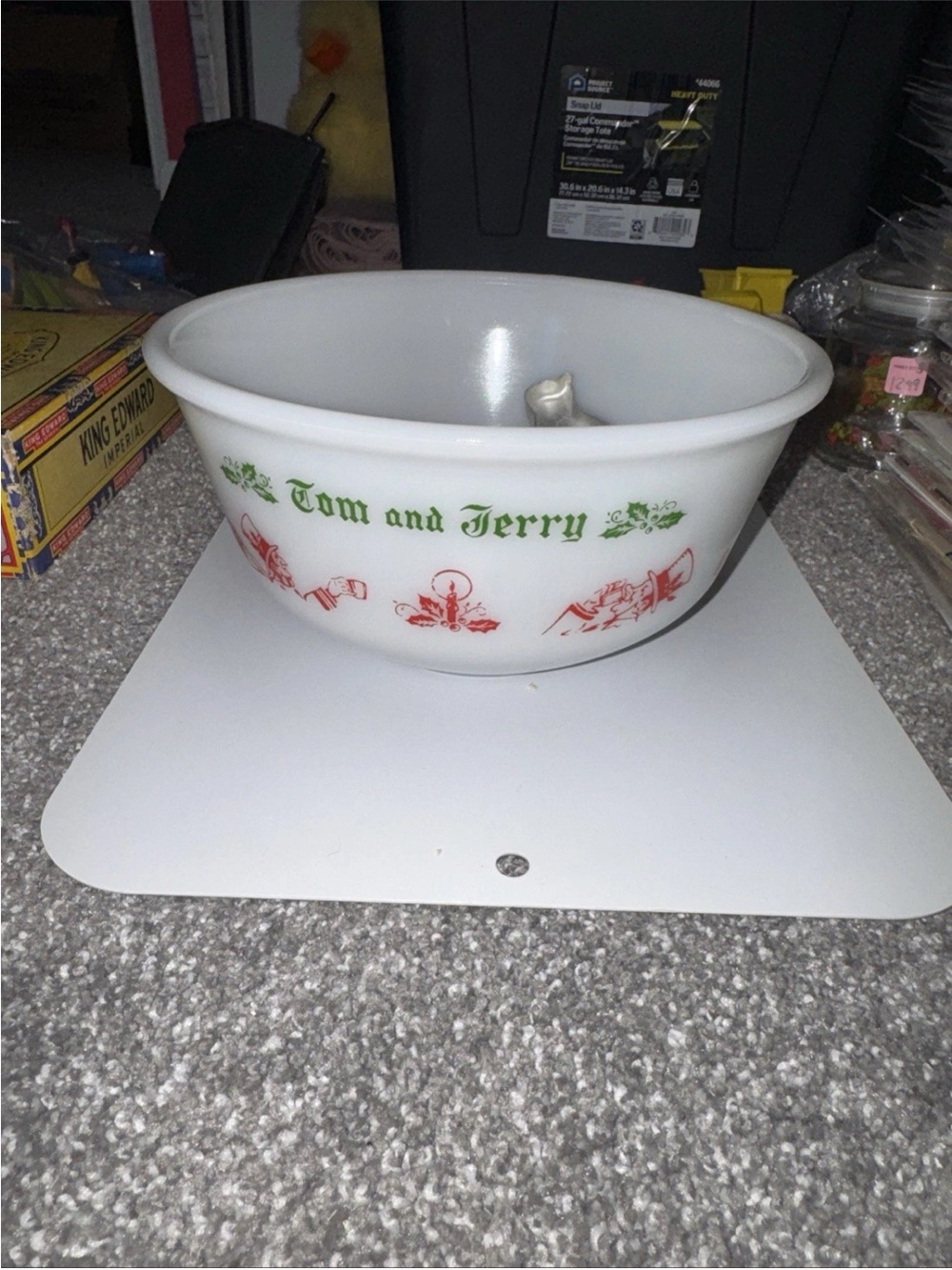 Tom and Jerry Milk Glass Bowl with Red & Green Cartoon Motif never used